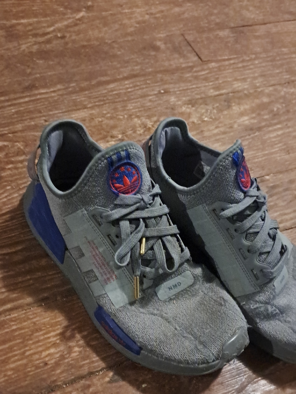 adidas Gray Knit NMD Sneakers with Blue & Pink Accents